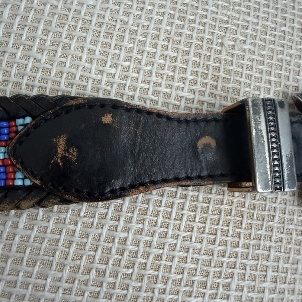 VTG Beaded Leather Belt Size 30 Southwestern Aztec Silver Buckle Country Western - Picture 13 of 16